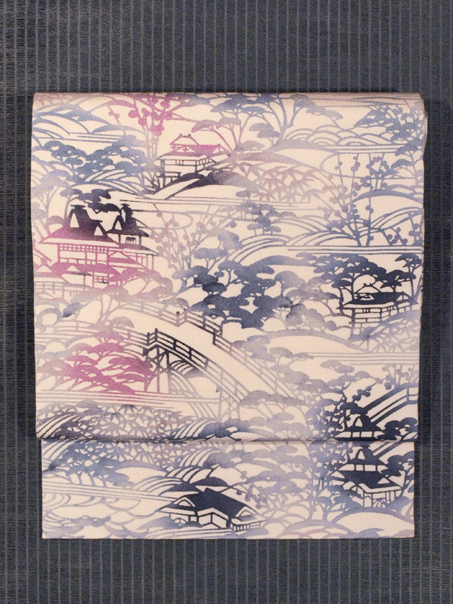 稲垣稔次郎図案 水辺風景文様 型染め 名古屋帯