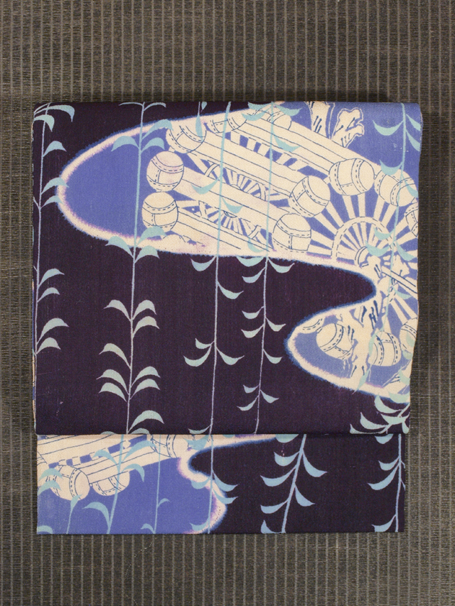 柳に水車文様 型染め 名古屋帯　