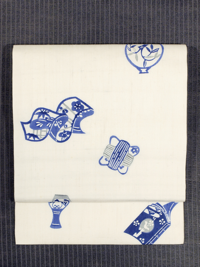 器物文様 型絵染め 紗紬 名古屋帯　