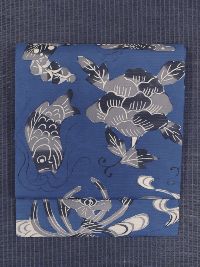 草花に鯉文様 型絵染め 絽 名古屋帯　