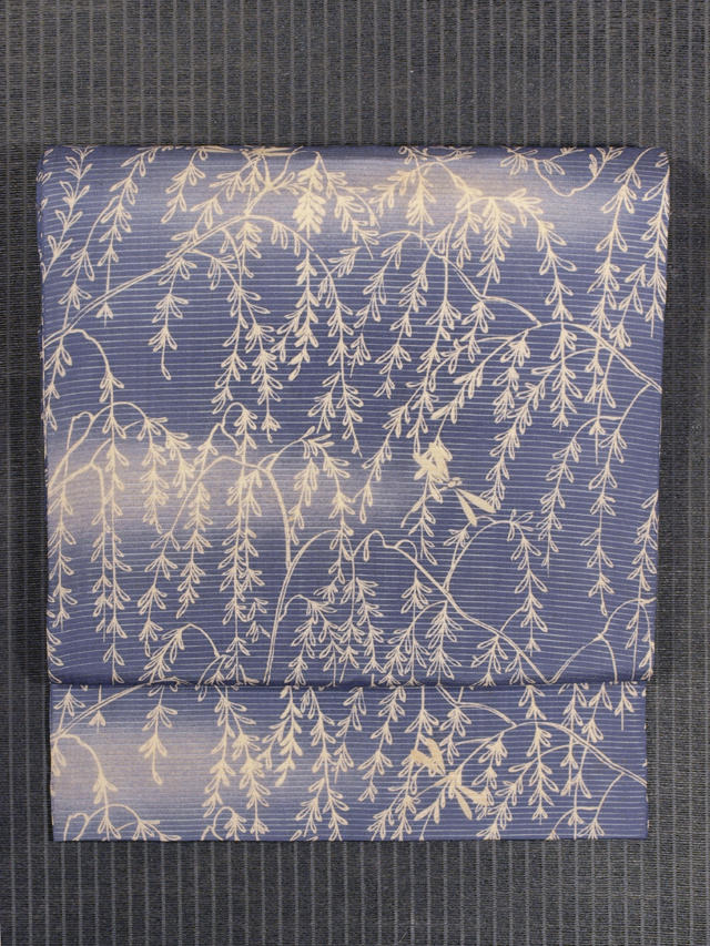 柳に蜻蛉文様 型染め 絽 名古屋帯　