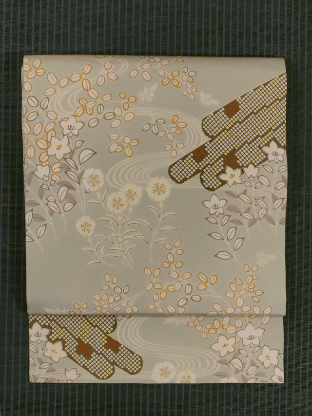 流水に筏と秋草文様 型染め 名古屋帯
