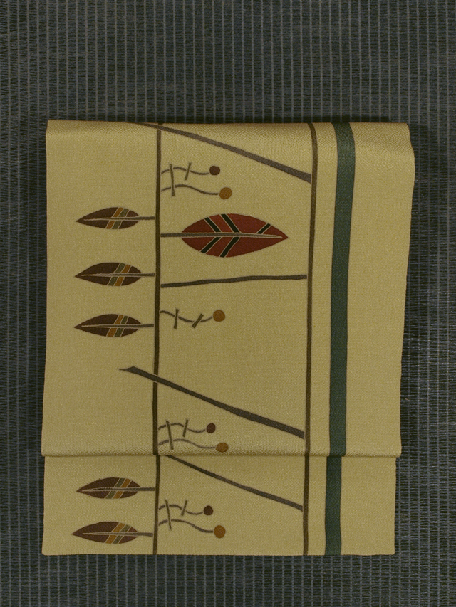 縞に枝葉文様 手描き染め 名古屋帯