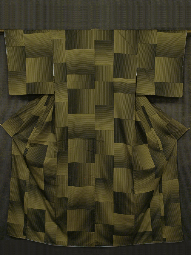 格子に縞文様 型染め 真綿紬 袷