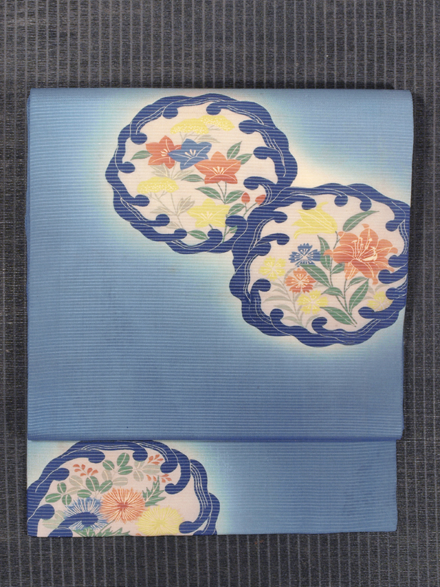 波丸に秋草文様 型染め 絽 名古屋帯