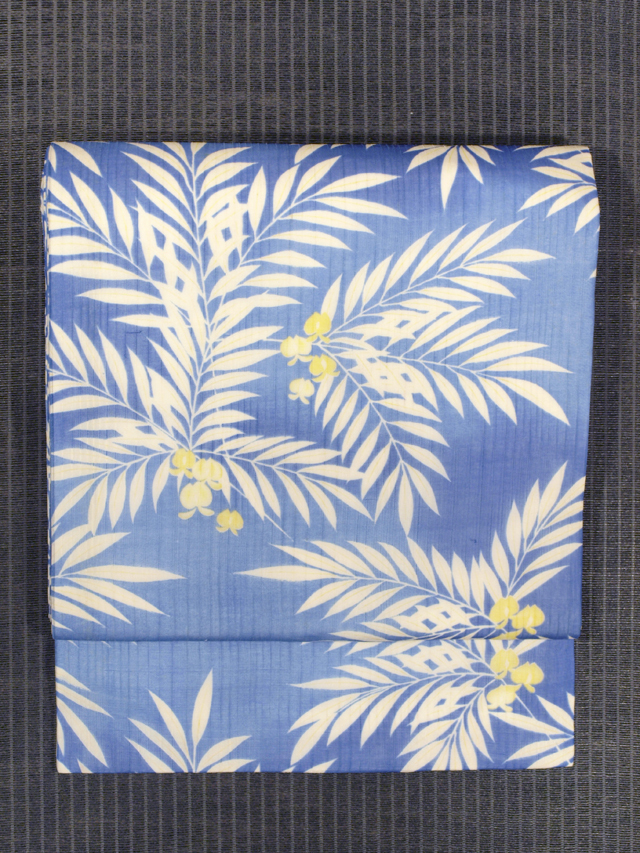 縞文様の織りに草花文様 型染め 紗 名古屋帯　