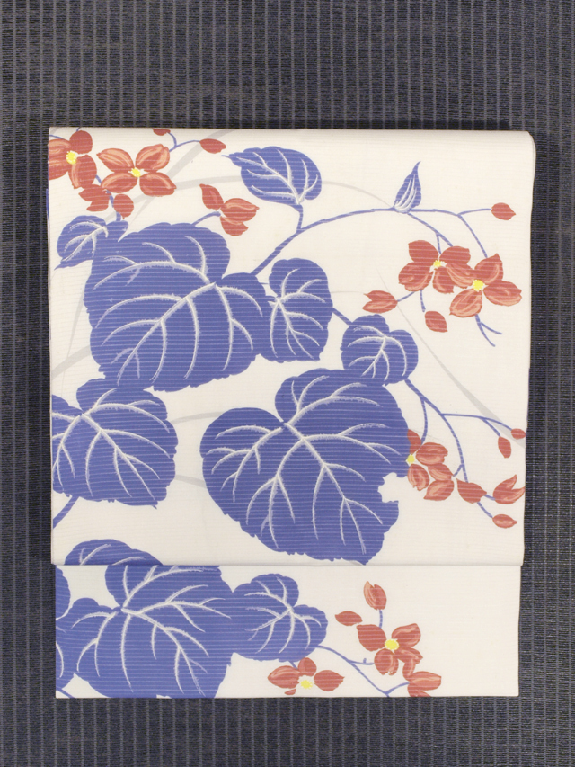 芝草に秋海棠（しゅうかいどう）文様 型染め 絽 名古屋帯　