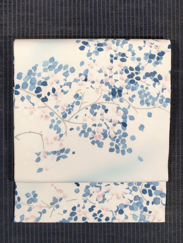 草花文様 型染め 絽 名古屋帯　