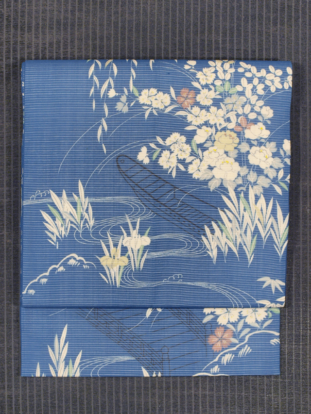 水辺に草花文様 型染め 絽 名古屋帯　