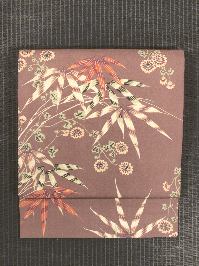 笹に小菊文様 型染め 名古屋帯