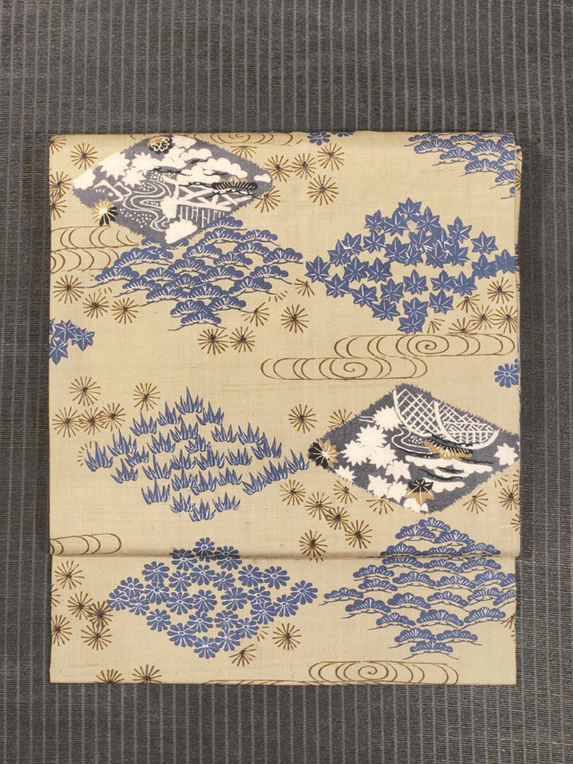 菱に観世水と草花文様 型染め 名古屋帯