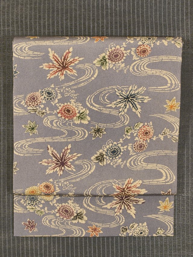 流水に紅葉と菊文様 型絵染め 名古屋帯