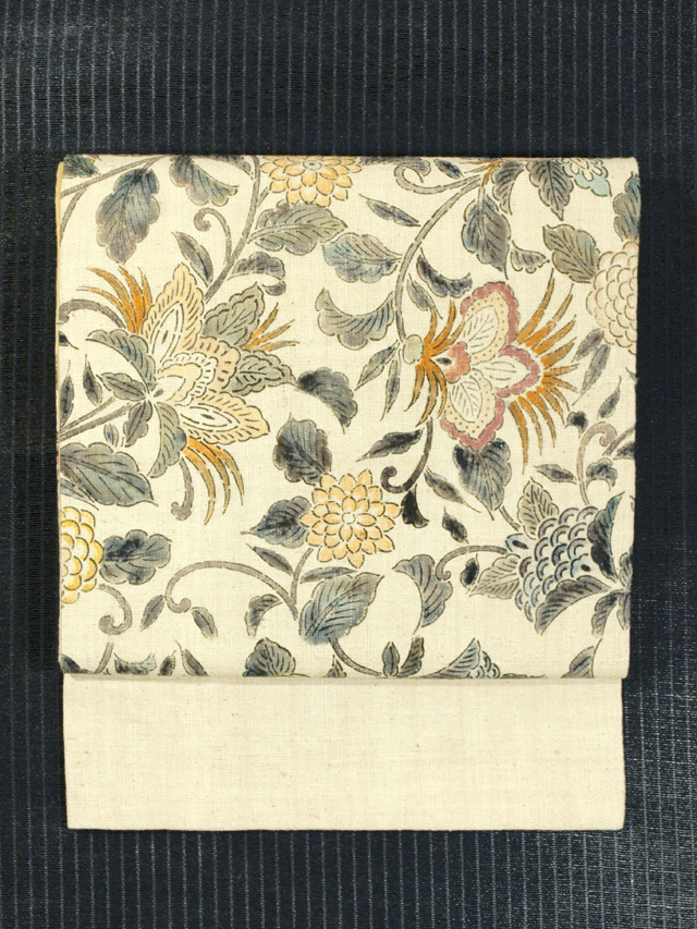 唐花草文様 手描き染め 和更紗 名古屋帯　