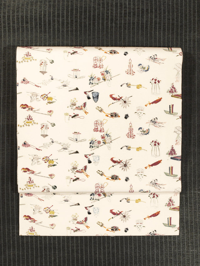 能の道具文様 型染め 名古屋帯　