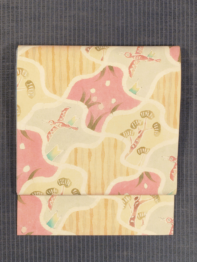 千鳥格子に鳥花文様 絵更紗 名古屋帯