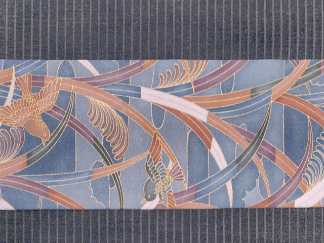 帯のアトリエ花邑 hanamura 銀座 「霞に水草と鳥文様 型染め 名古屋帯」