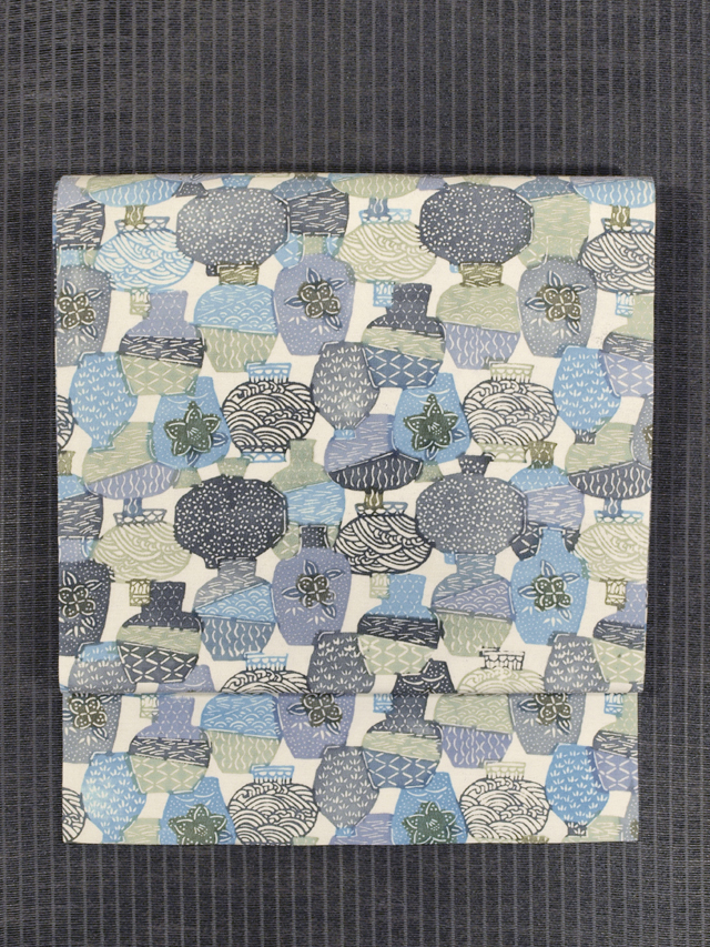 壺に流水と小紋文様 型染め 名古屋帯