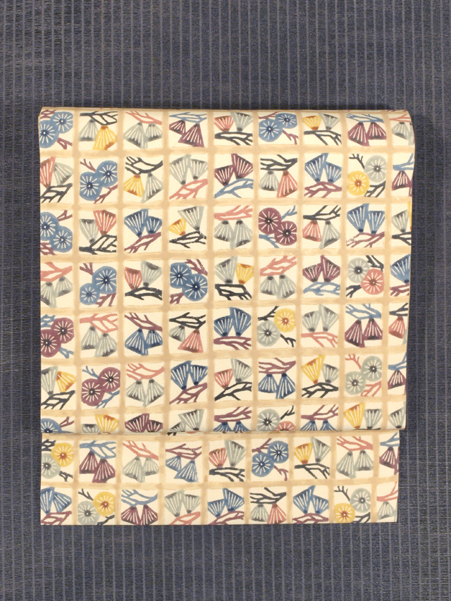 格子縞に松文様 型染め 名古屋帯