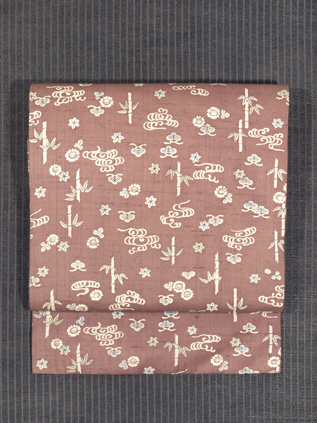 流水に草花文様 型染め 名古屋帯