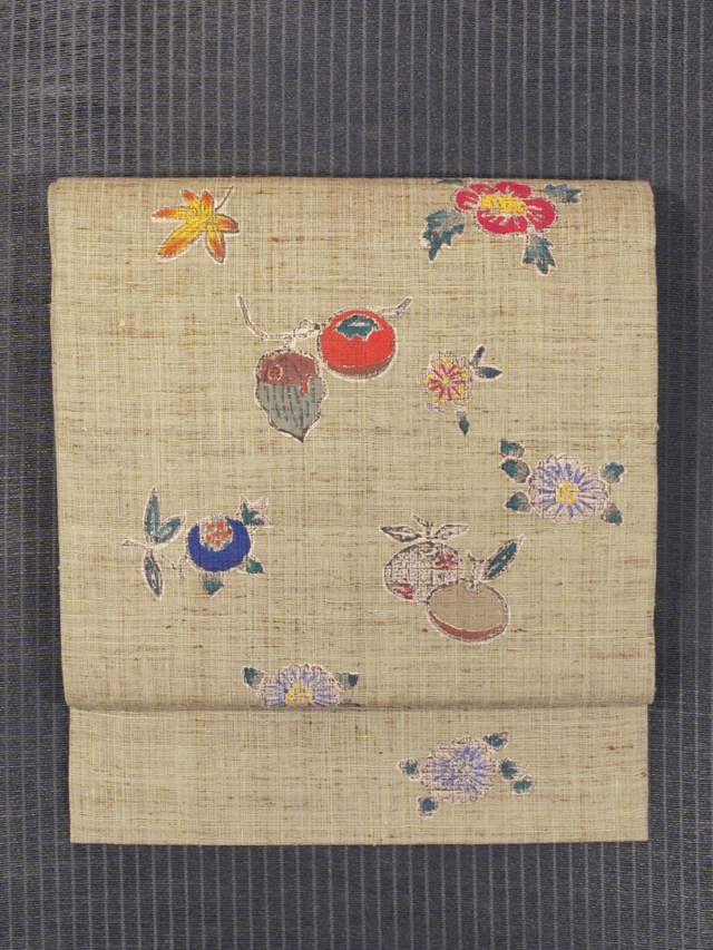 実り物に花文様 手描き染め 真綿紬 名古屋帯　