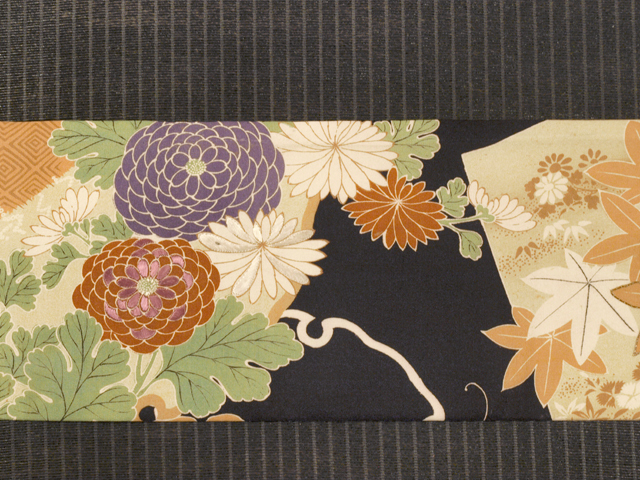 ⑥⑦⑧雪輪 刺繍 塩瀬 名古屋帯 正絹 帯のアトリエ花邑 hanamura 銀座「雪輪に菊と草花文様 型染めに