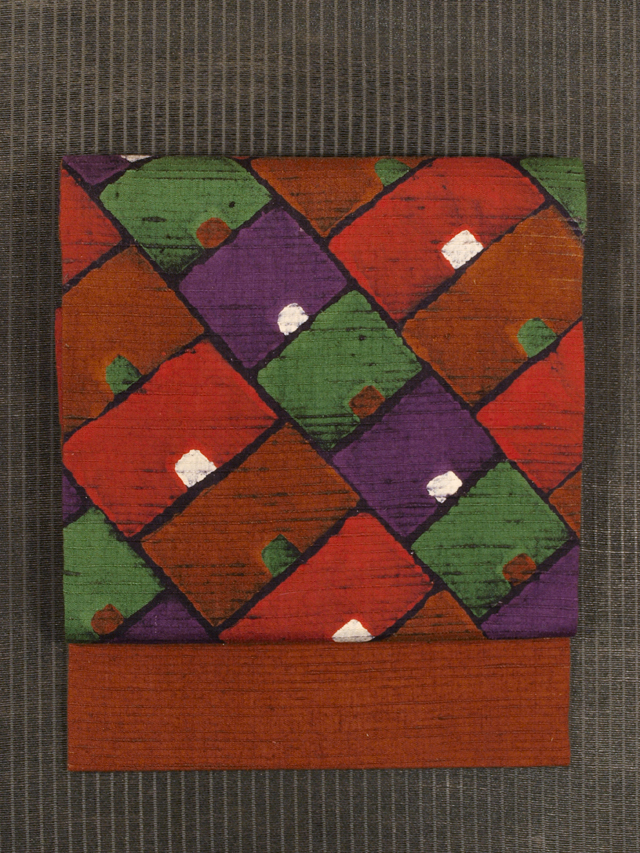 幾何学文様 型絵染 真綿紬 名古屋帯　