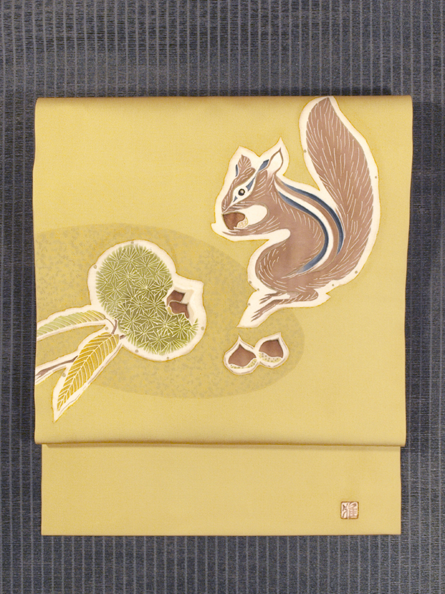 栗にシマリスの絵図 手描き染め 塩瀬 名古屋帯　