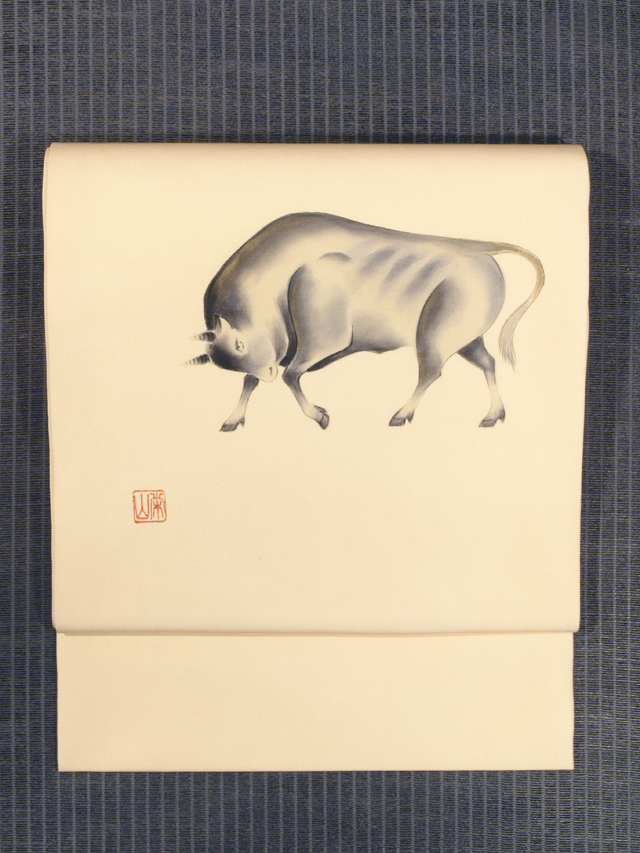 丑の絵図 手描き染め 塩瀬 名古屋帯　