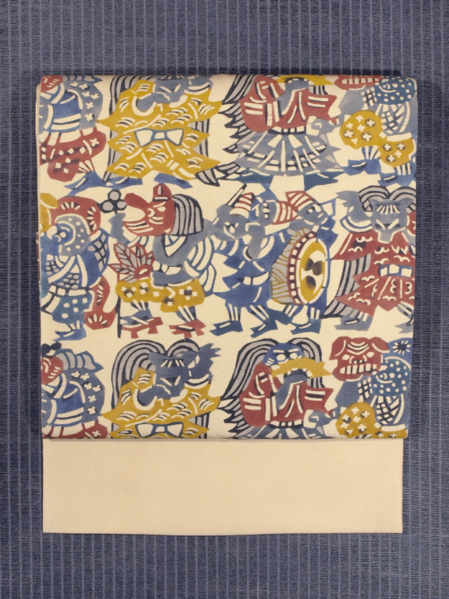 獅子舞に天狗の絵図 型絵染め 塩瀬 名古屋帯　