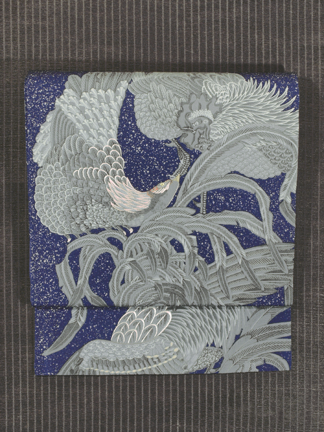 鶏文様 型染めに手刺繍 名古屋帯