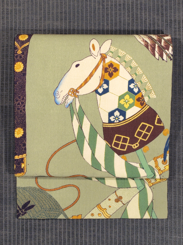 春駒の絵図 型染め 名古屋帯　