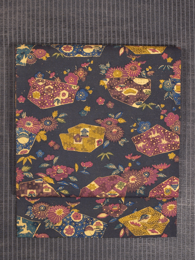 切りばめに草花と小紋文様 型染め 紬 名古屋帯