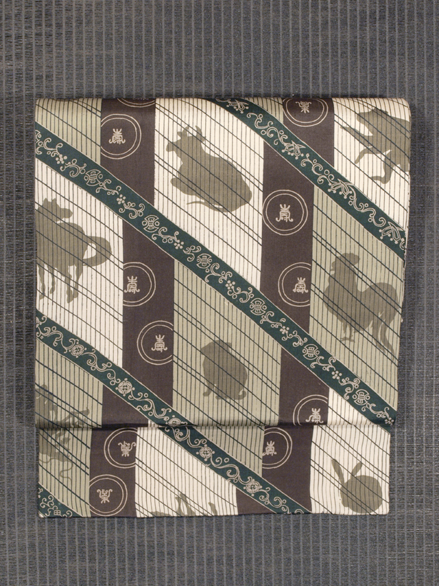 格子に干支文様 型染め 名古屋帯　