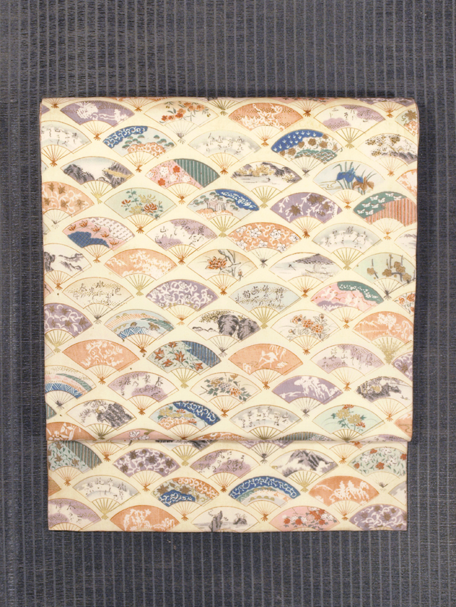 扇に四季の風物文様 型染め 名古屋帯　