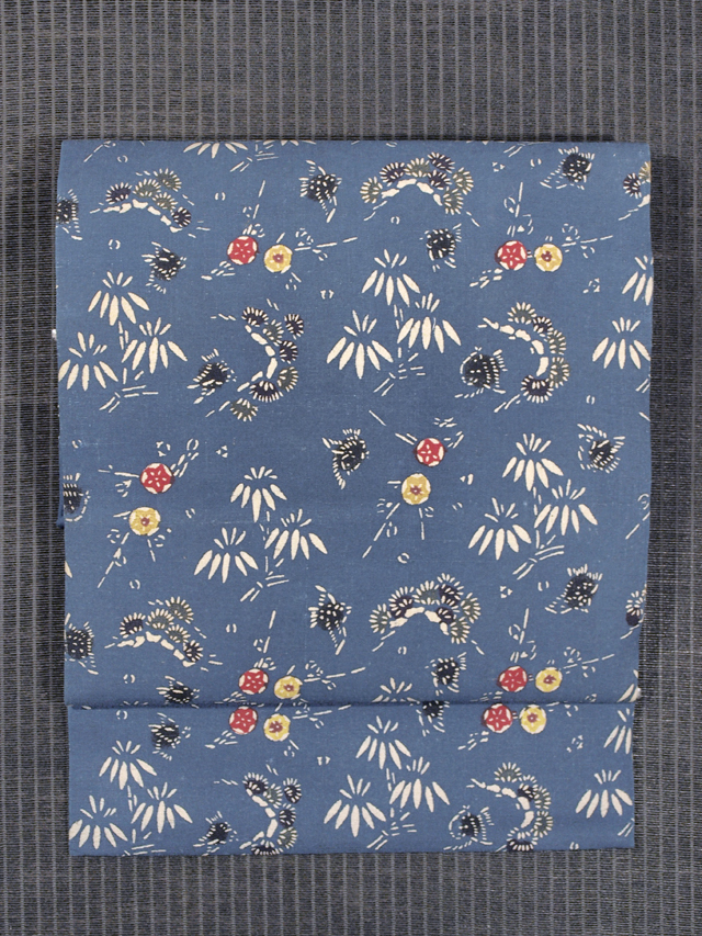 浦野理一作 松竹梅に鳥文様 型染め 綿紬 名古屋帯