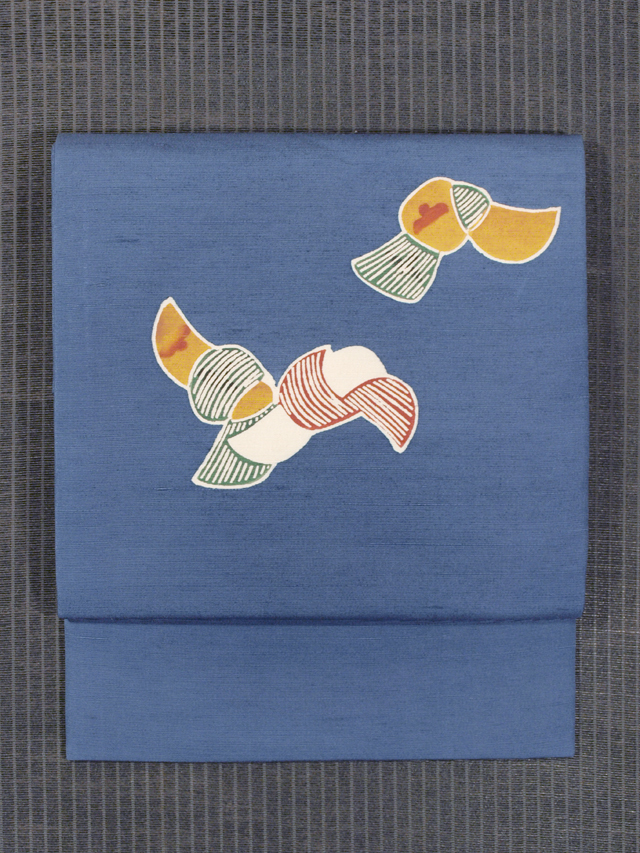 結び文文様 型絵染め 真綿紬 名古屋帯　