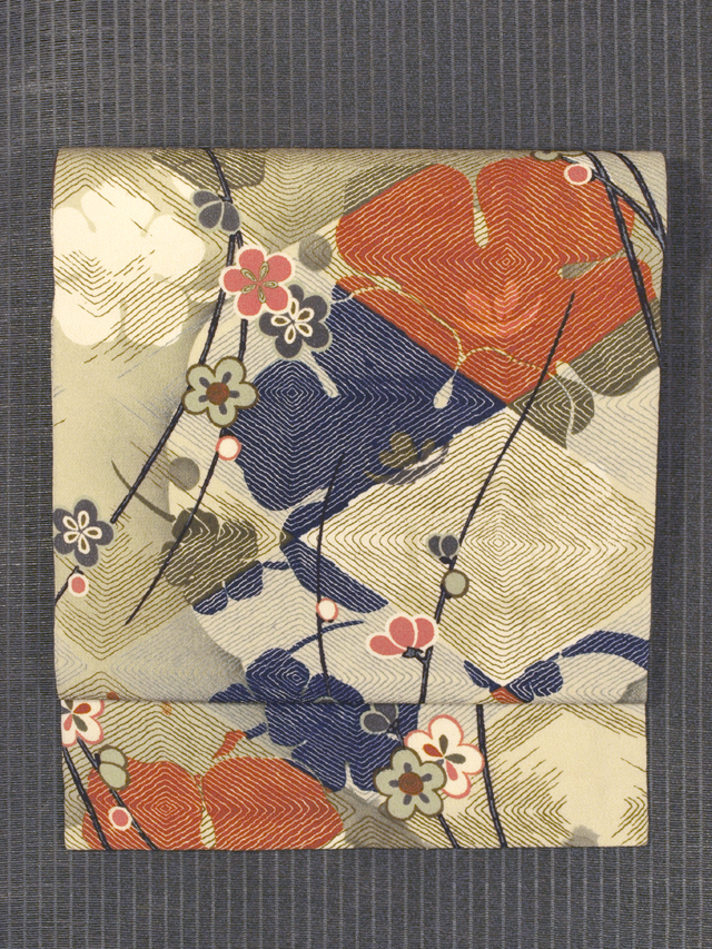 枡に光琳梅と枝梅文様 型染め 名古屋帯　