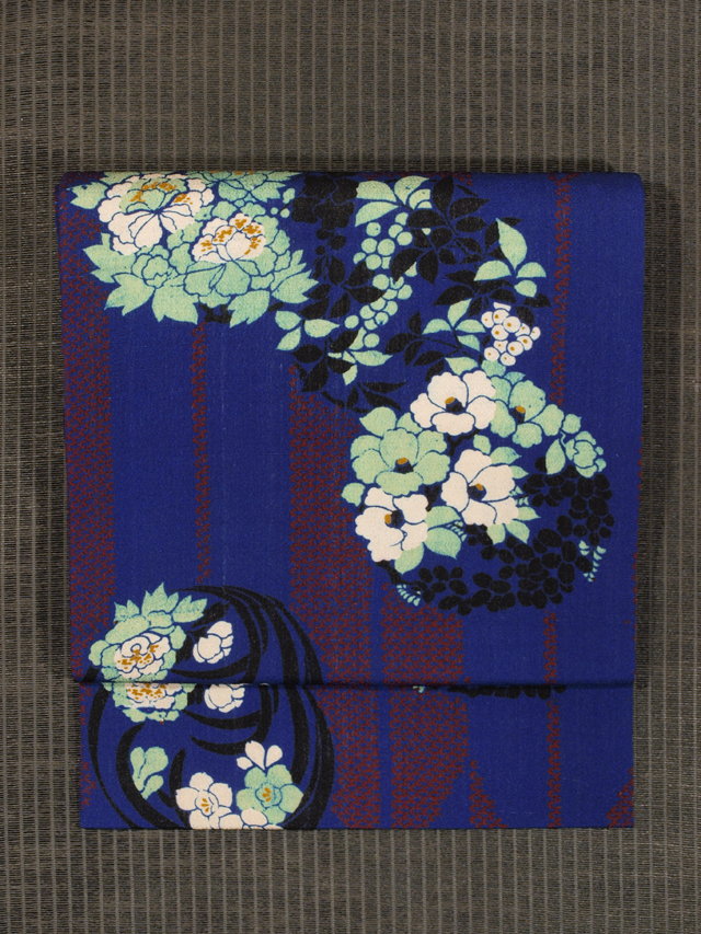 矢羽根に花丸文様 型染め 名古屋帯　