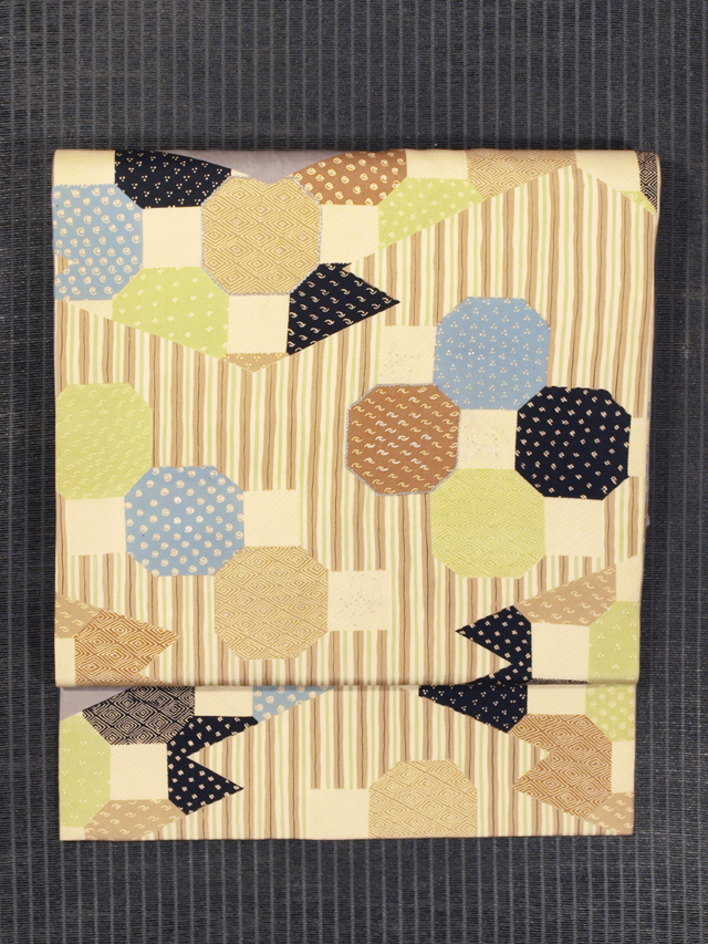 縞に蜀江と小紋文様 型染め 名古屋帯　