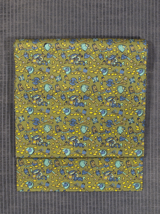 縁起物尽くし文様 型染め 名古屋帯　