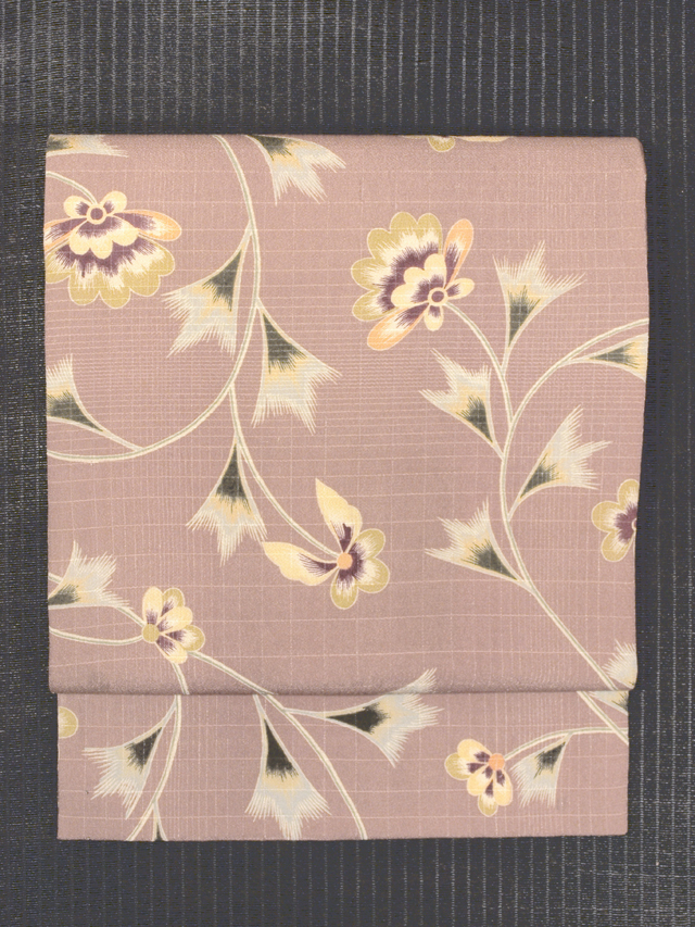 格子縞の紋織に唐花文様 型染め 名古屋帯　