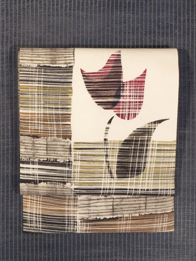 格子縞にチューリップ文様 ろうけつ染め 名古屋帯