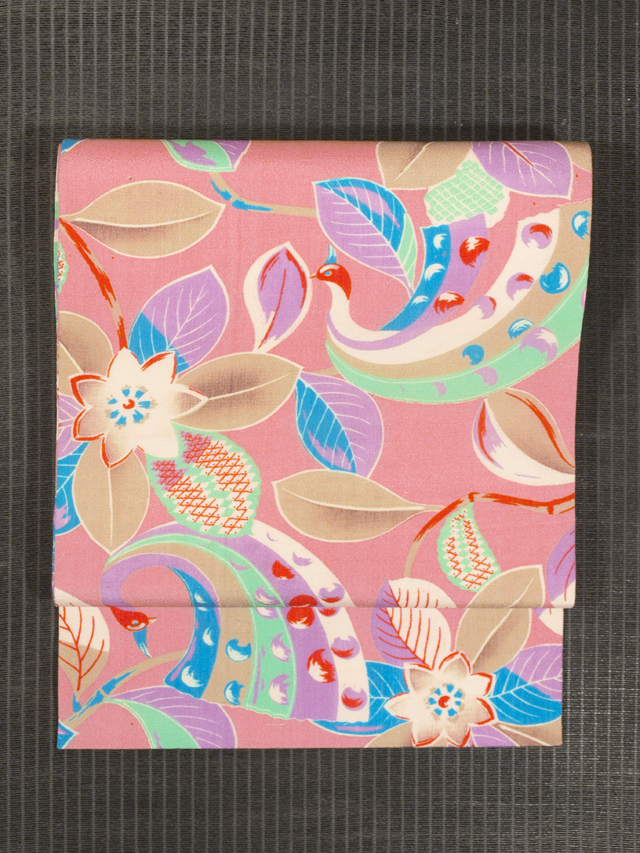 尾長鳥に唐花文様 型染め 名古屋帯