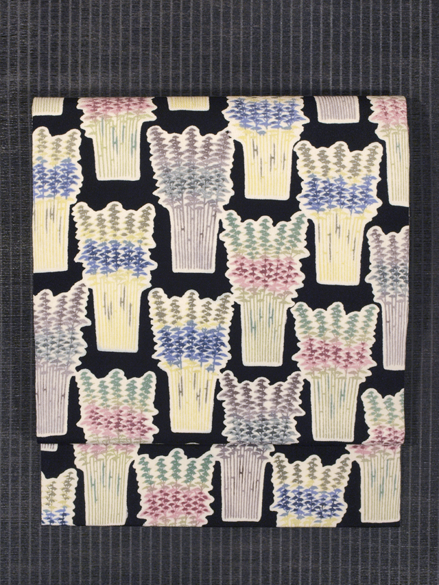 草花文様 型染め 名古屋帯