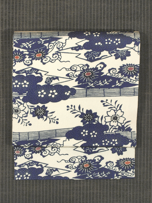 雲取りに生垣と草花文様 型絵染め 名古屋帯