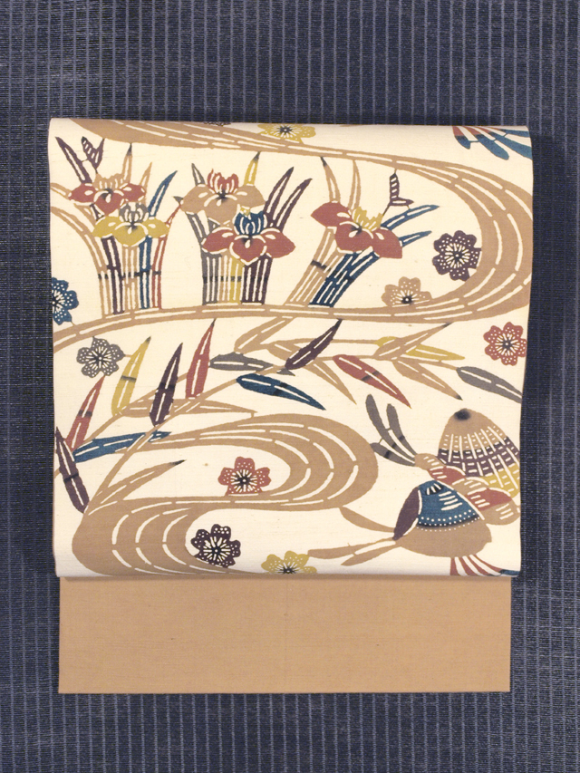 流水に貝と草花文様 型絵染め 紬 名古屋帯