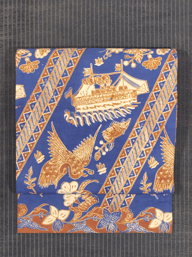 唐花に船、魚、鳥文様 ジャワ更紗 名古屋帯
