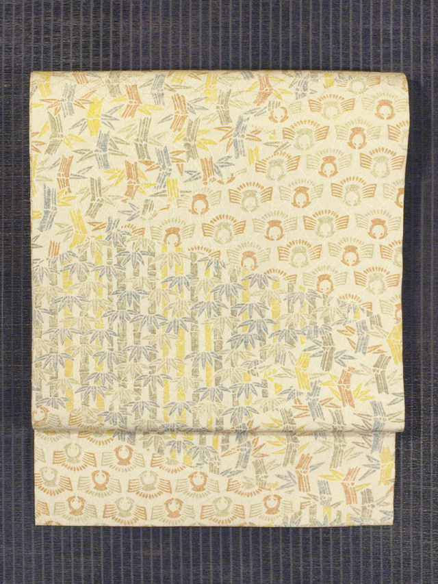 竹に福良雀文様 型染め 名古屋帯