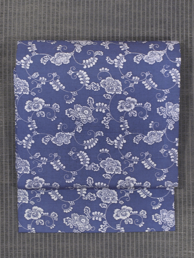 花唐草文様 型染め 紬 名古屋帯