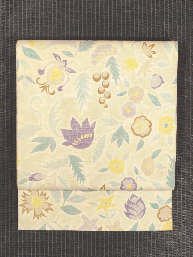 葡萄に花唐草文様 型染め 紬 名古屋帯